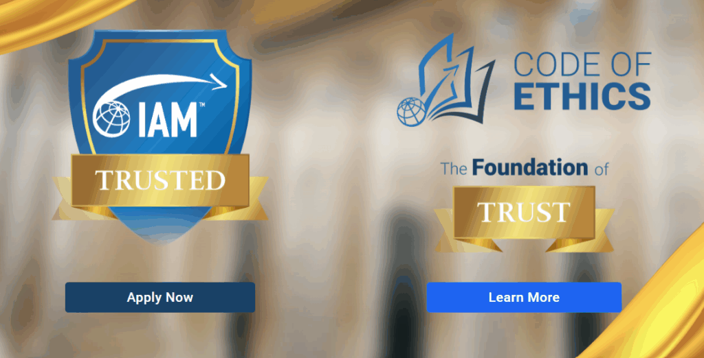 IAM International Association of Movers member badge and IAM Code of Ethics certification displayed by BLUEmove International Relocation