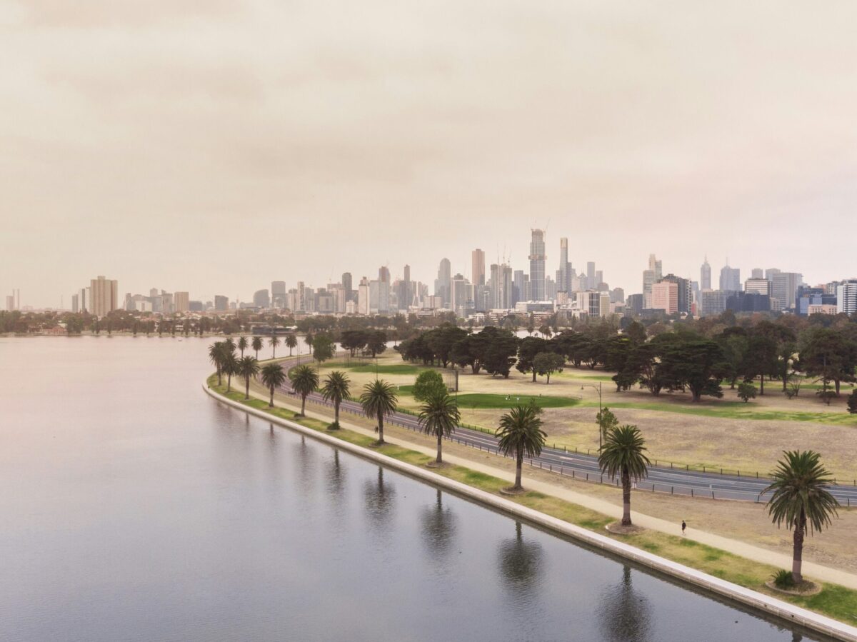 A panoramic view of the Melbourne city skyline across the Yarra River at dusk