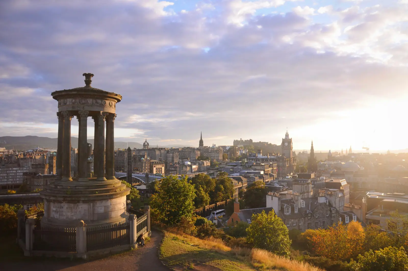 Moving to Scotland from the USA: Edinburgh skyline from Calton Hill with the Dugald Stewart Monument