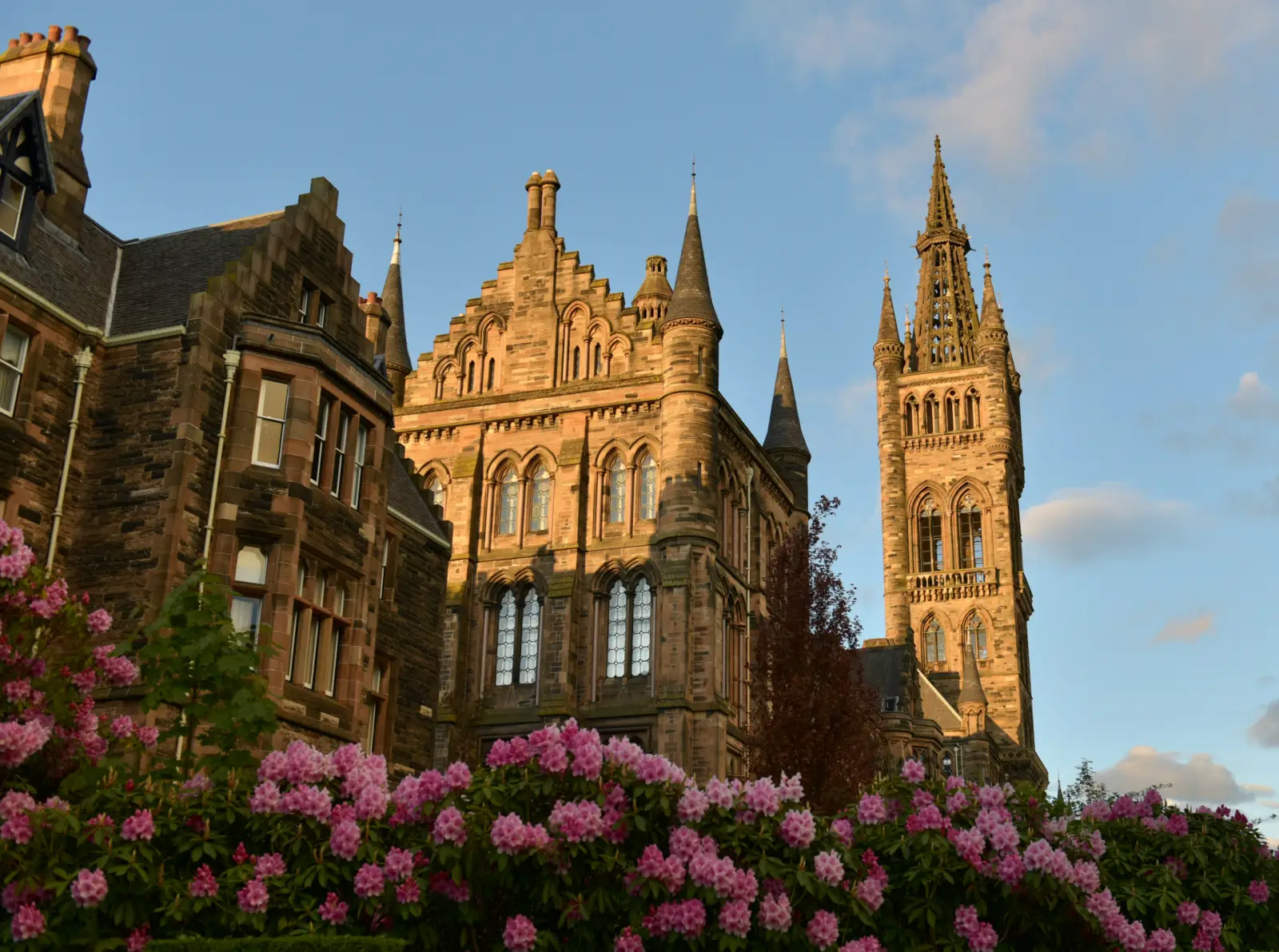 Moving to Scotland from the USA: University of Glasgow's Gothic main building with flowers in bloom