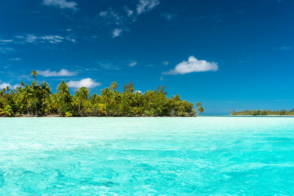 Crystal clear turquoise water and a lush tropical shoreline in French Polynesia
