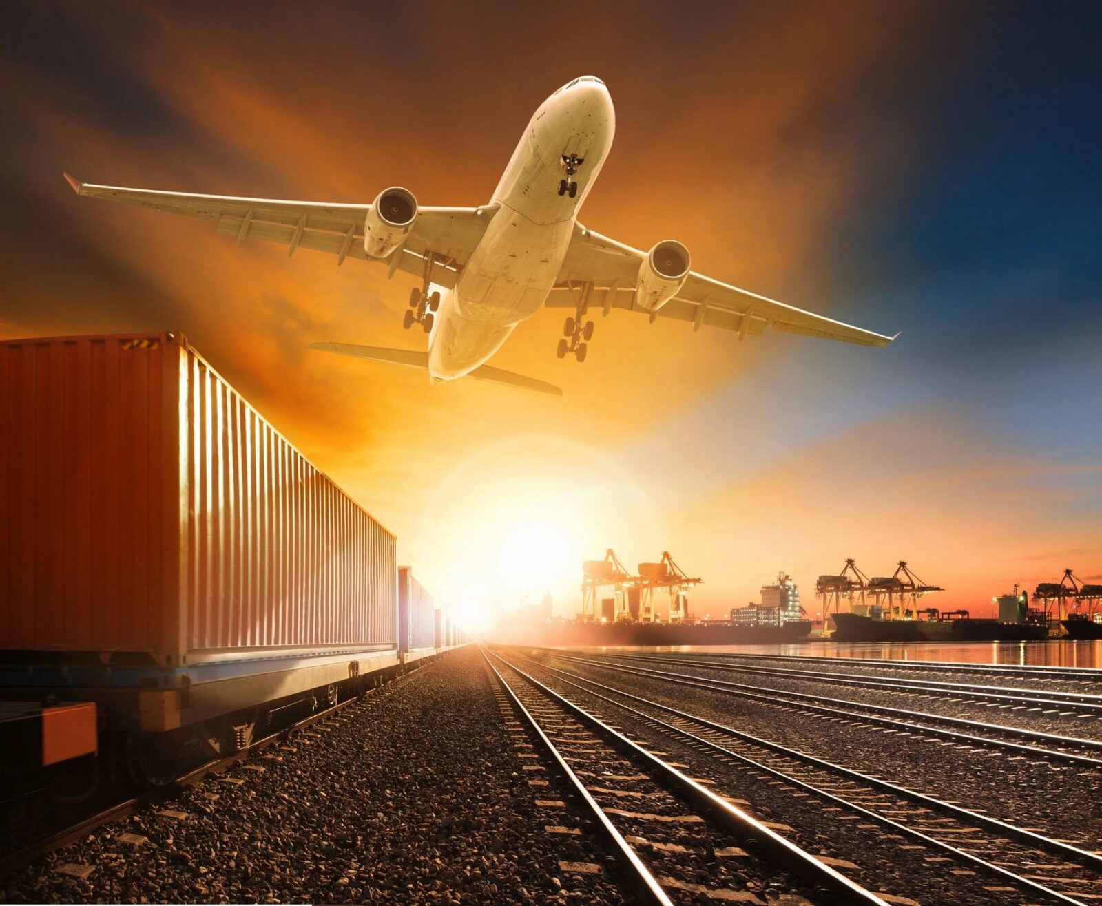 Cargo plane at sunset over freight terminal — international moving and shipping services for American families moving abroad