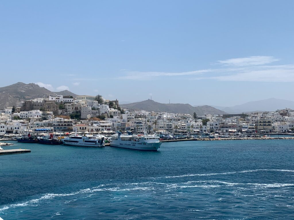 Whitewashed coastal buildings and the deep blue sea in Mykonos, Greece